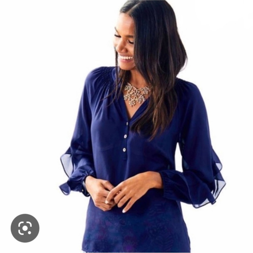 Lilly Pulitzer Elsa True Silk Ruffle Top Navy Sz Small